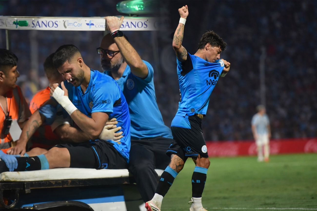 Belgrano en su partido ante Atlético. Rigoni celebra y López sufre. (Javier Ferreyra / La Voz).