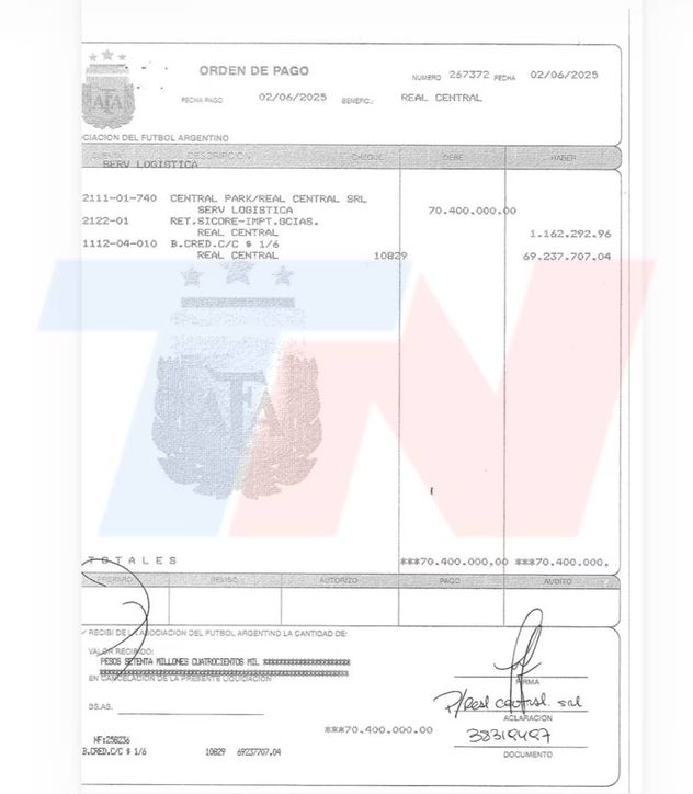 La mansión de Pilar. Los comprobantes de transferencias de la AFA a Real Central SRL. (TN)

