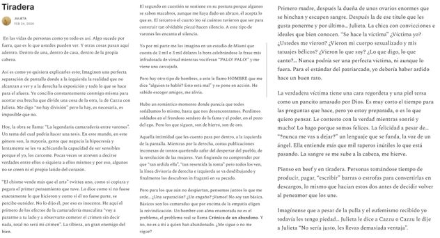 "Tiradera", el texto que publicó Cazzu tras la publicación de "Rosita". 