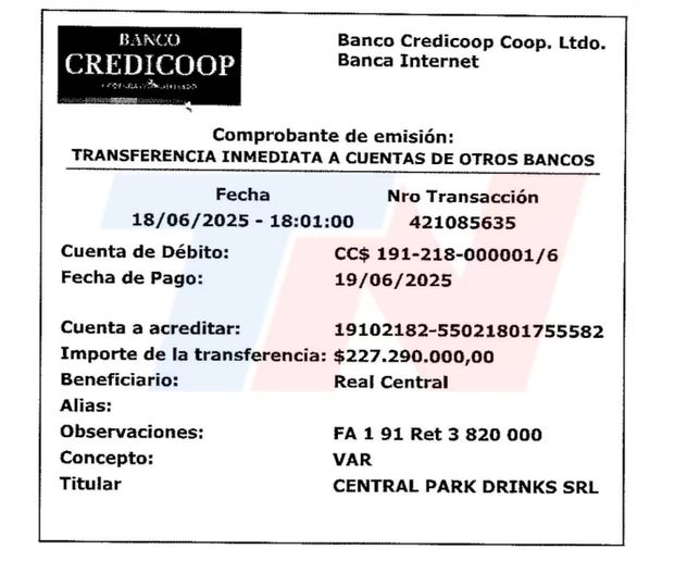 La mansión de Pilar. Los comprobantes de transferencias de la AFA a Real Central SRL. (TN)
