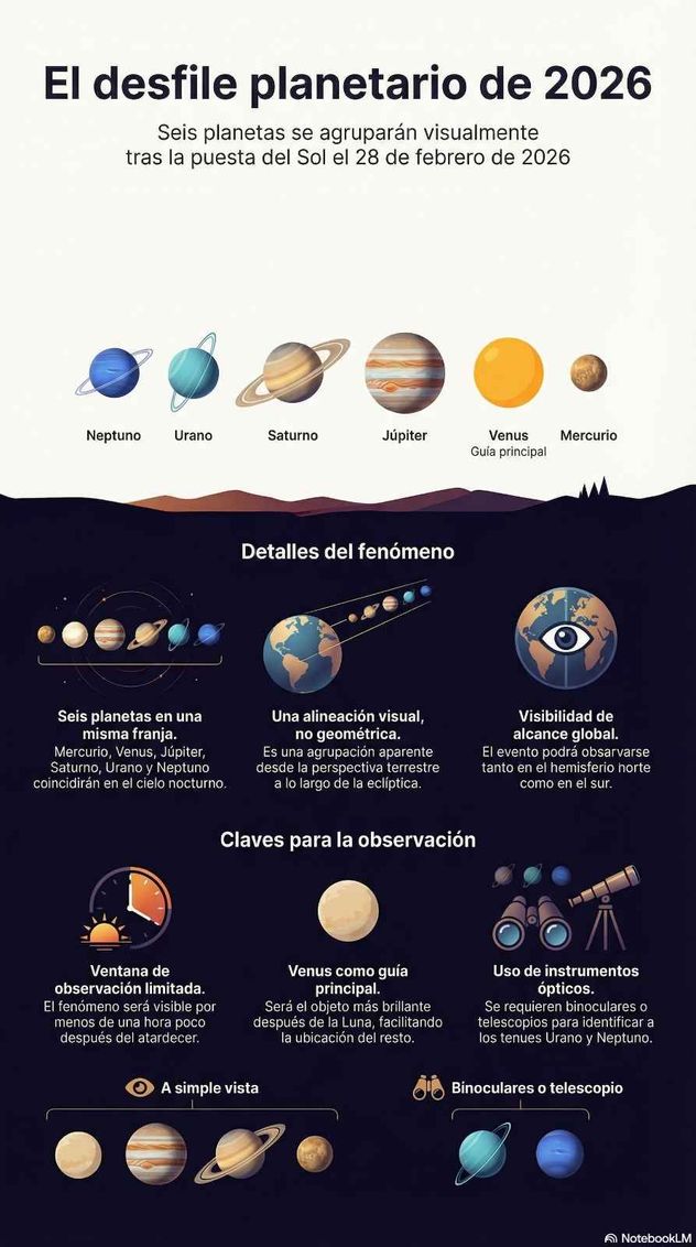 Alineación planetaria febrero 2026: cómo será el fenómeno astronómico y las claves para observarlo. 