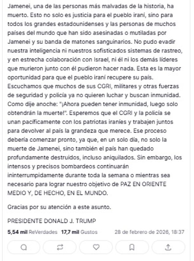 Comunicado de Donald Trump sobre la muerte de Alí Jamenei.