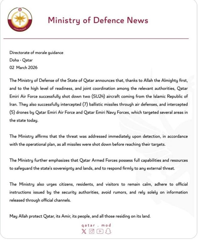 Qatar intercepta ataque masivo de Irán: Fuerzas armadas derriban aviones, misiles y drones