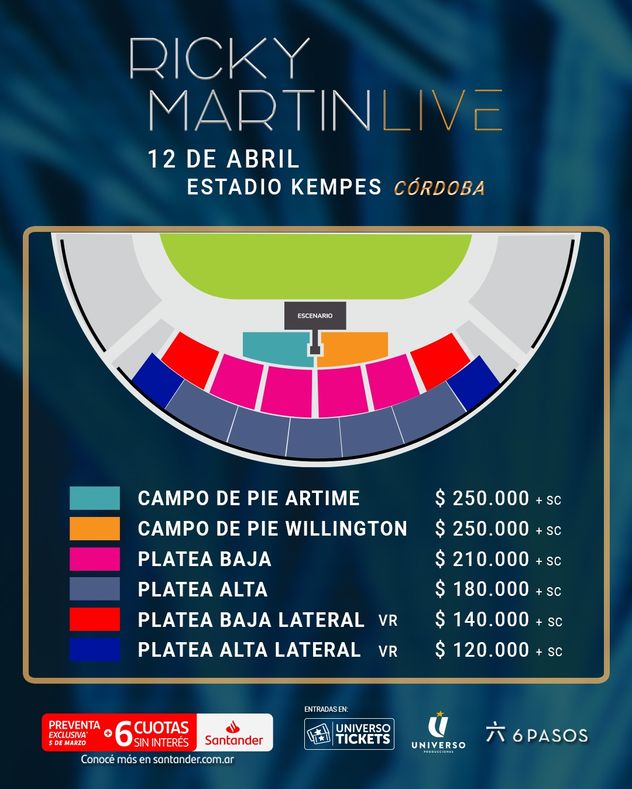El plano del mapa de ubicaciones para ver el show de Ricky Martin en el Estadio Mario Alberto Kempes.