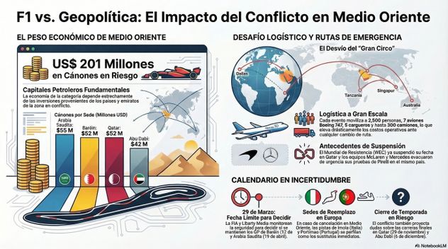 El impacto del conflicto en Medio Oriente en la Fórmula 1. Infografía realizada con NotebookLM.