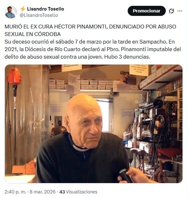 Pinamonti. Murió el 7 de marzo en Sampacho (Redes sociales)