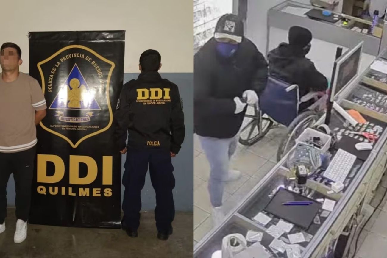 Uno de los ladrones fingió tener una discapacidad para cometer un asalto en banda en una joyería de Quilmes. (Foto: TN - captura de video)
