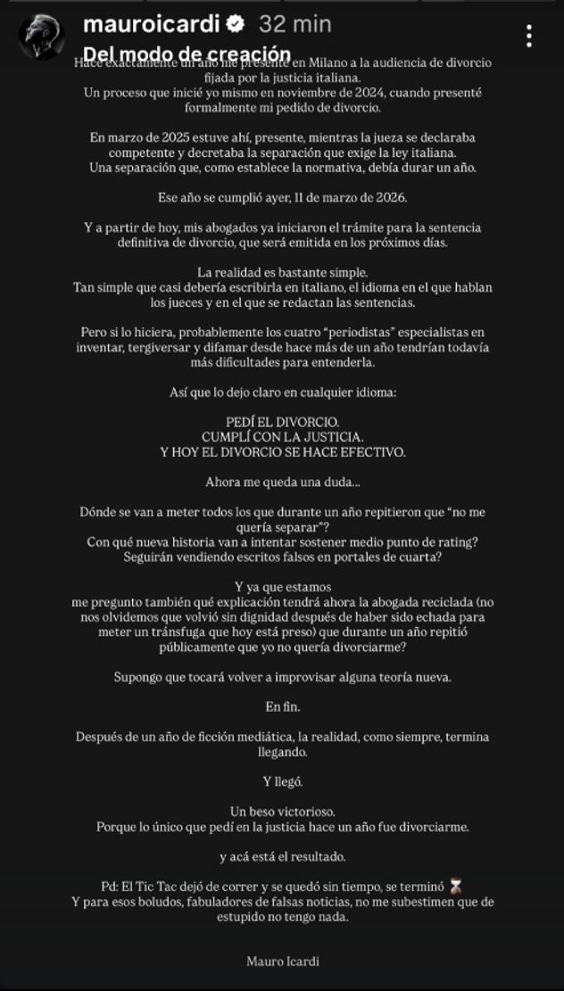 El descargo de Mauro Icardi tras su divorcio de Wanda Nara. 