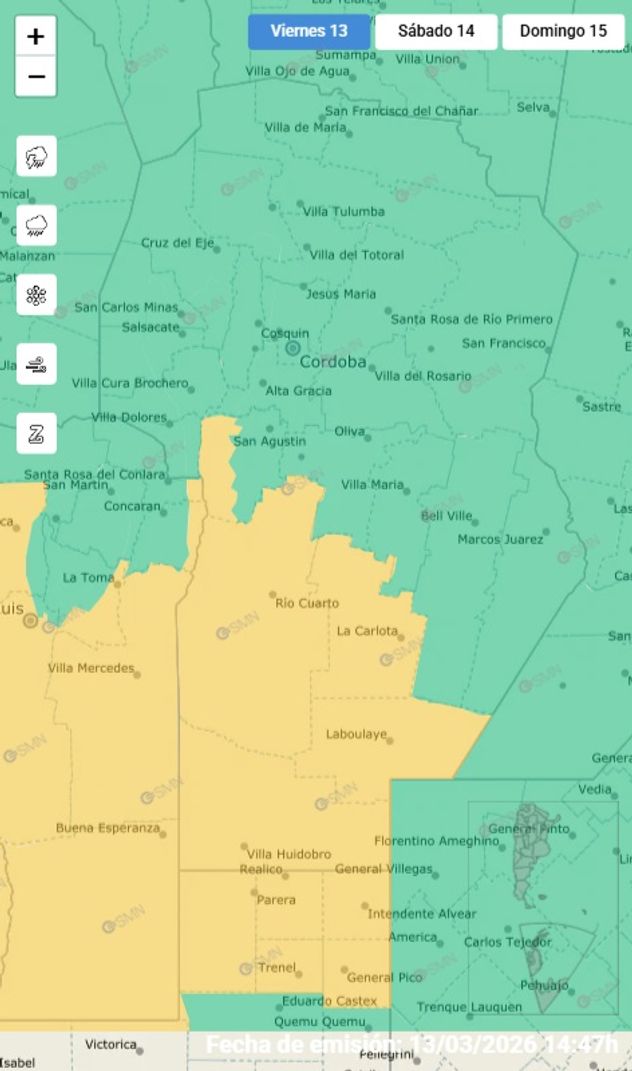 Mapa de alerta amarilla en Córdoba. Viernes 13 de marzo (SMN)