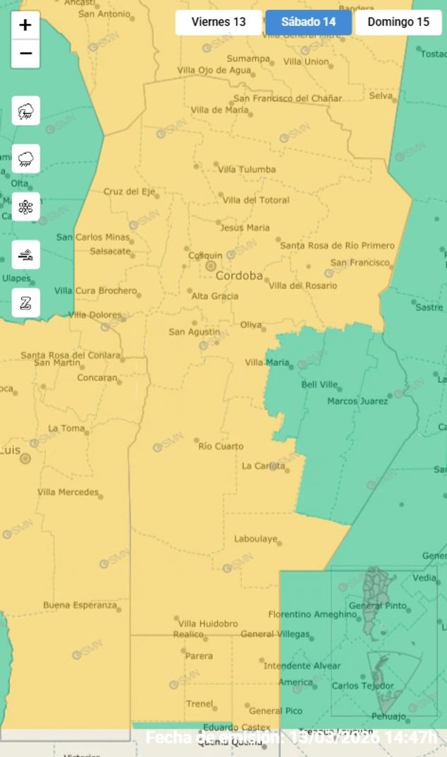 Mapa de alerta amarilla Córdoba. Sábado 14 de marzo (SMN)