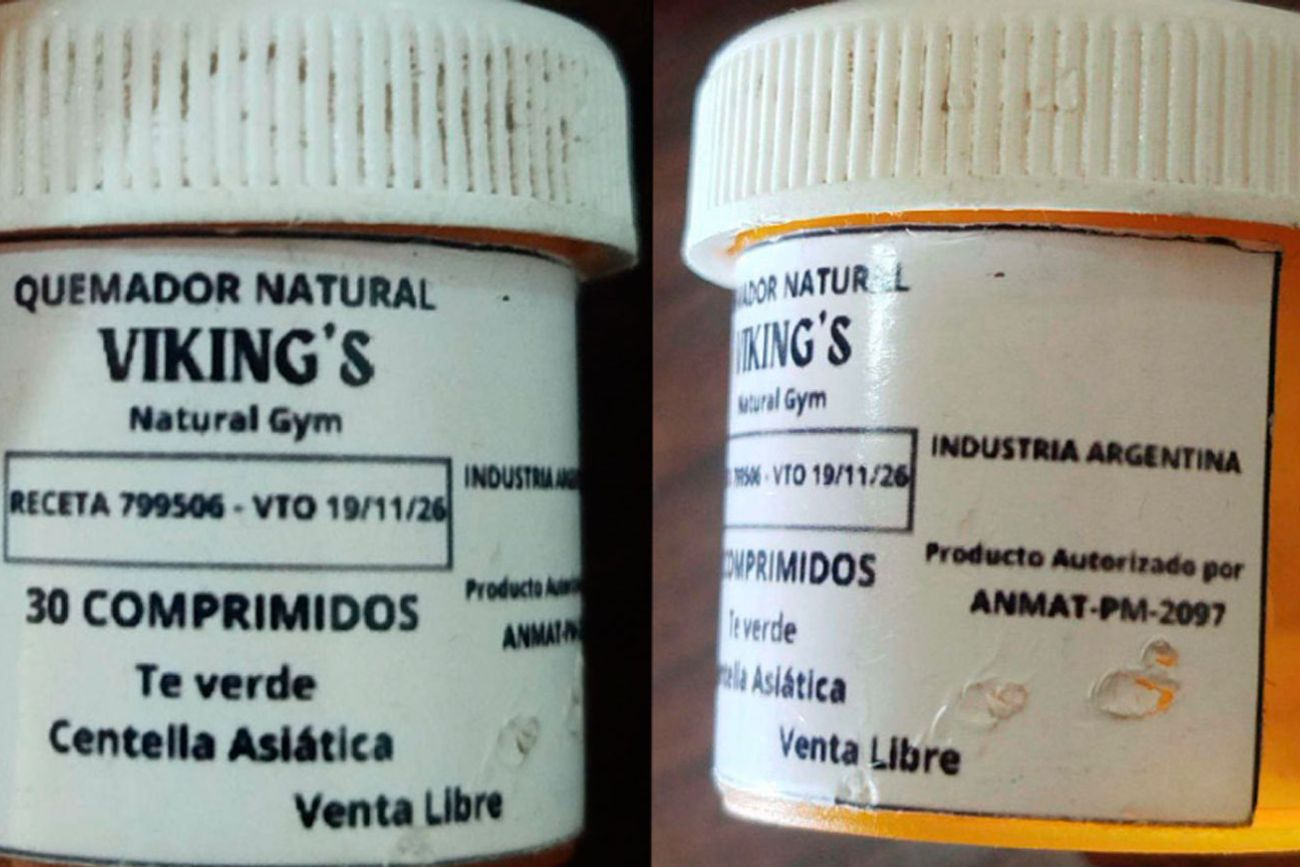 Los frascos del suplemento "Quemador Natural Viking's" y la etiqueta donde constaba inscripción de la falsa autorización de Anmar. (Policía Federal/Fiscales.gob.ar)