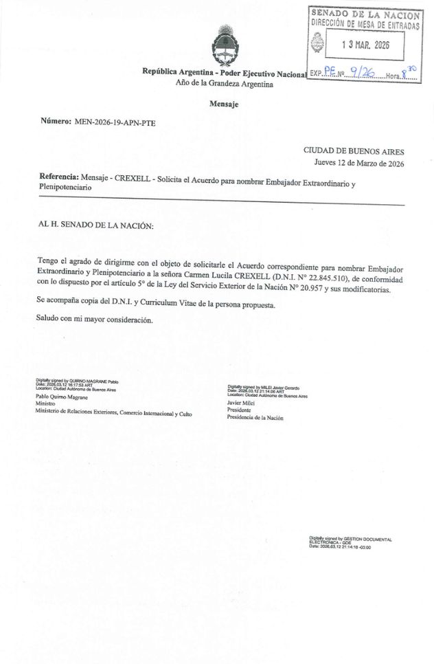 El pliego firmado por Quirno y Milei.