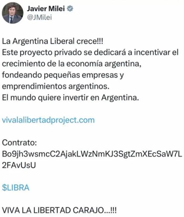El tuit de Milei con el que "difundió" el lanzamiento de $Libra.