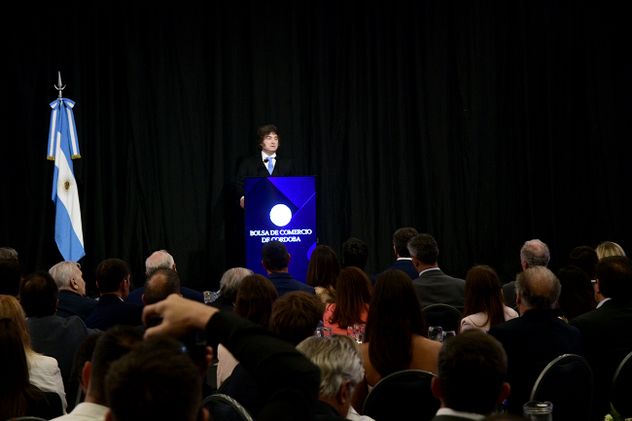 Javier Milei en la Bolsa de Comercio de Córdoba.