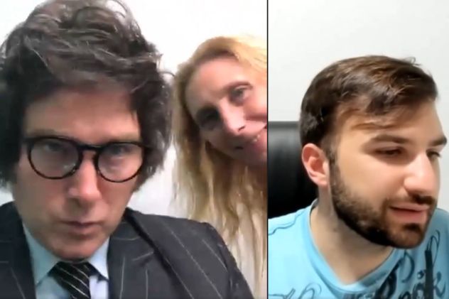 Javier y Karina Milei en una videoconferencia con Mauricio Novelli (Collage).