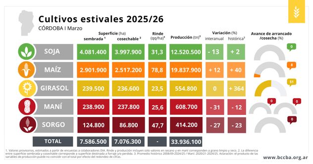 CULTIVOS ESTIVALES. Mejoras en todos los rindes con excepción en el girasol. (BCCBA)
