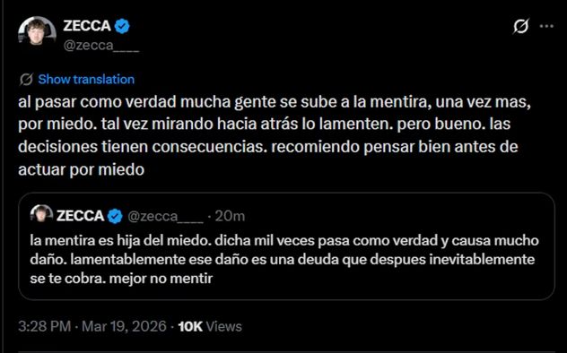 Zecca reflexionó en en una serie de posteos vía X.