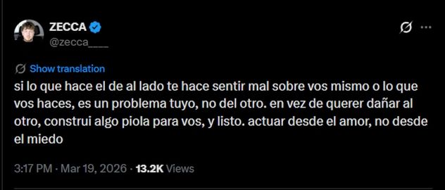 Zecca reflexionó en en una serie de posteos vía X.