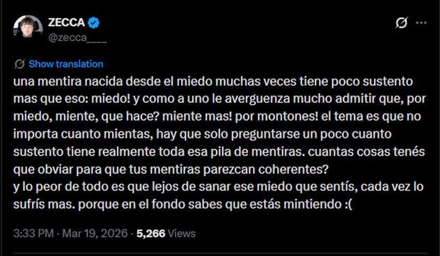 Zecca reflexionó en en una serie de posteos vía X.