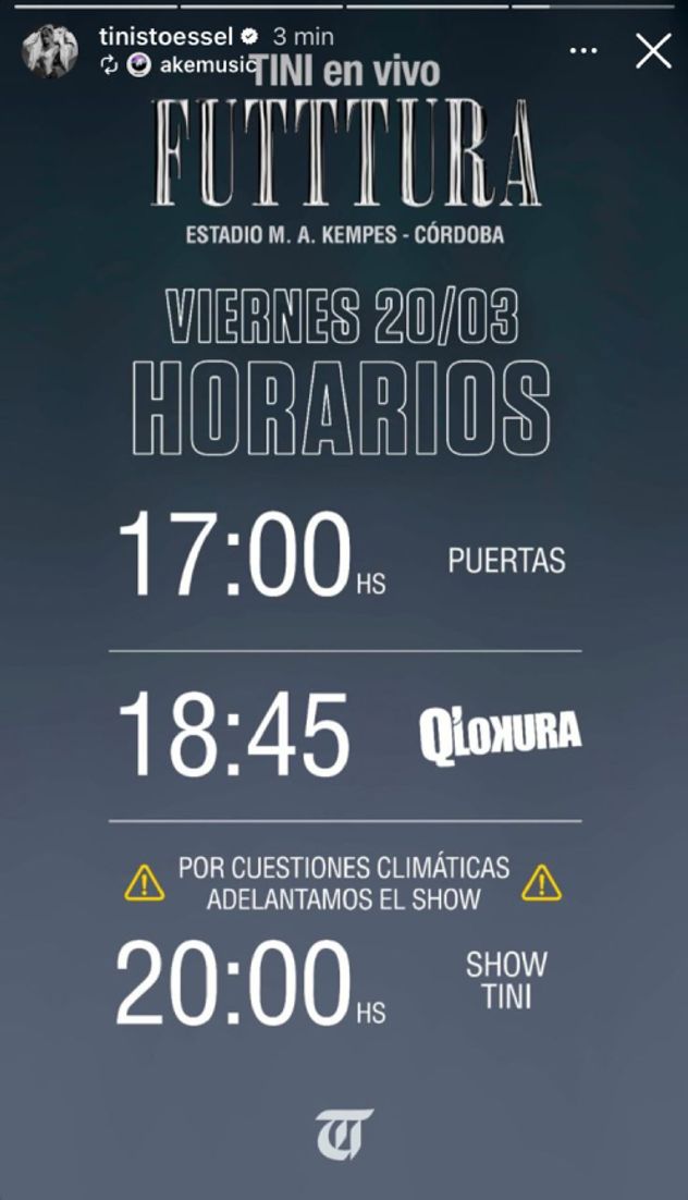 Los horarios para el primer concierto de Tini en Córdoba en el marco del "Futttura Tour".