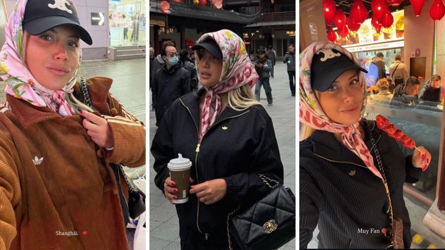 Wanda Nara paseó por Shanghái con un look urbano donde el pañuelo estampado, llevado sobre una gorra, se convirtió en el detalle más comentado.