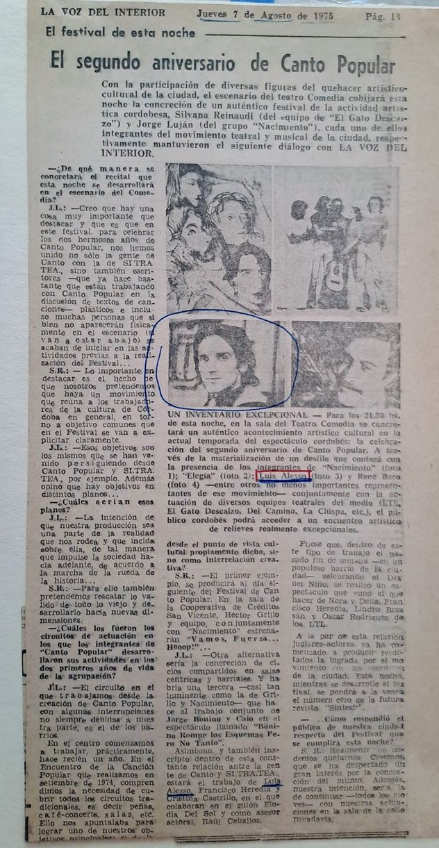 Articulo de La Voz del Interior de 1975 sobre Canto Popular Córdoba.