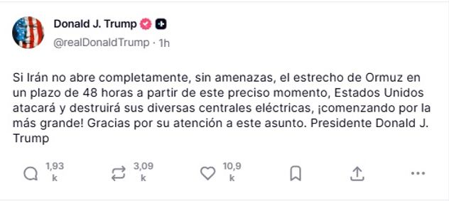Mensaje de Donald Trump sobre el estrecho de Ormuz en su cuenta Truth Social
