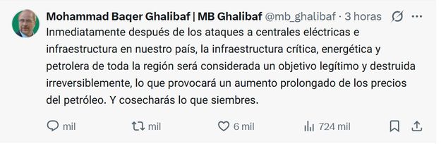 Comunicado de Mohamad Baqer Qalibaf en su cuenta de X