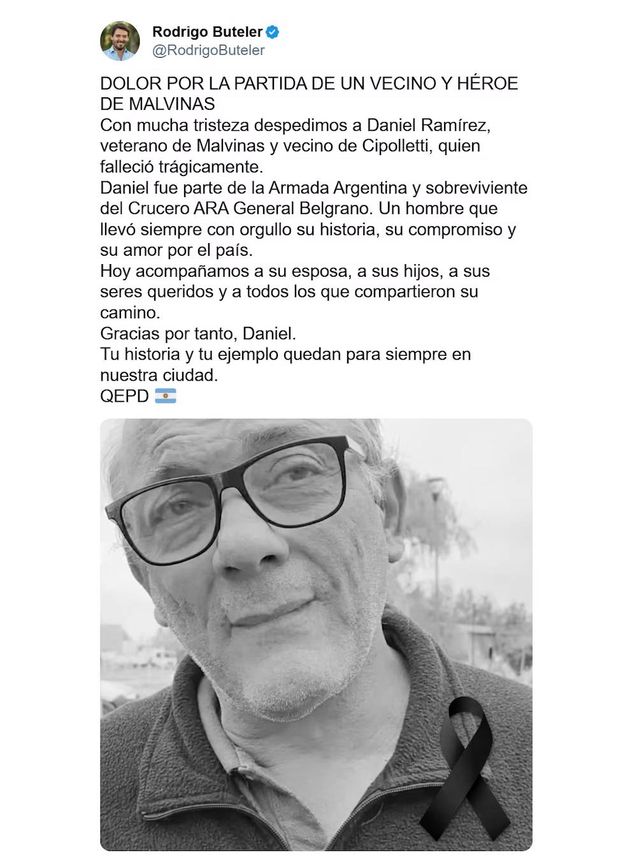 El intendente de Cipolletti, Rodrigo Buteler, expresó su pesar por la muerte del veterano