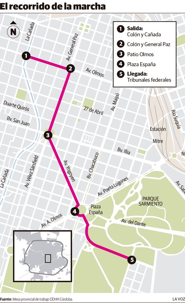 Recorrido de la marcha del 24 de marzo, en la ciudad de Córdoba
