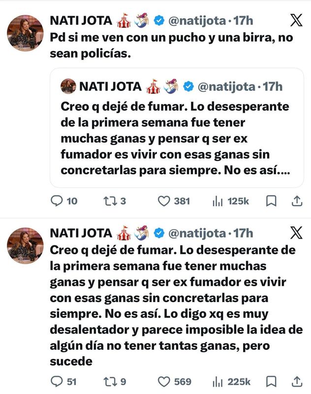 Los tuits con los que Nati Jota anunció que dejó de fumar y llevó aliento a aquellas personas que atraviesan el mismo proceso.