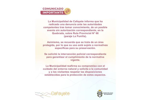 El comunicado de la Municipalidad de Cafayate