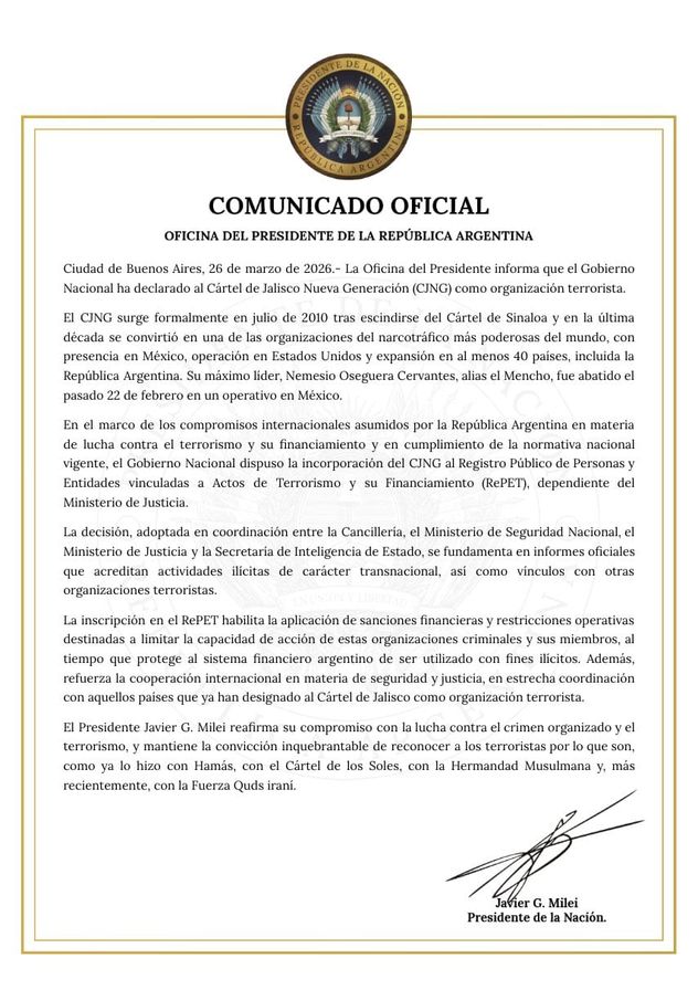 El Gobierno nacional declaró organización terrorista al Cártel de Jalisco Nueva Generación.
