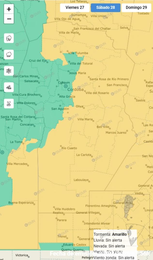 Mapa de alerta amarillo. Córdoba. 28 de marzo. (SMN)