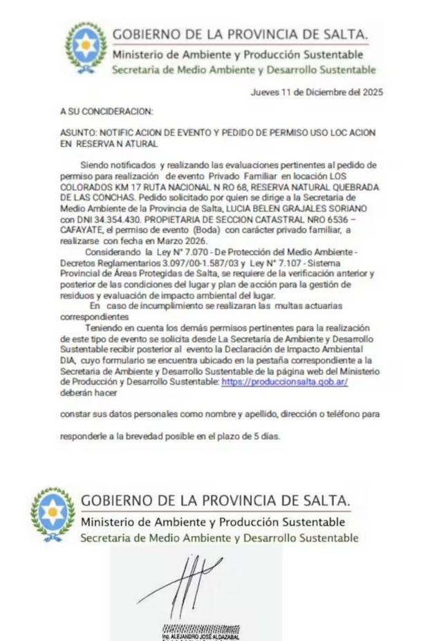 Autorización falsificada para realizar un casamiento en La Quebrada de las Conchas (Gentileza: El Tributo)