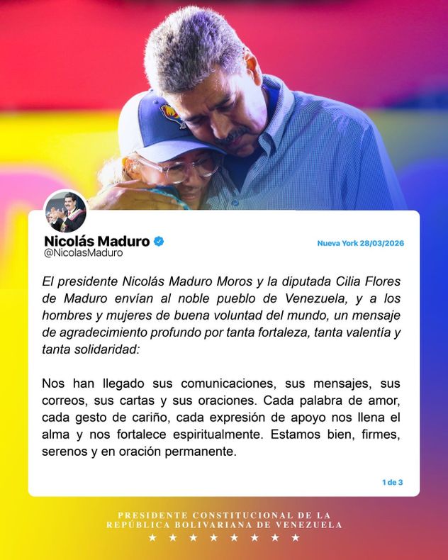 Primer mensaje de Nicolás Maduro y Cilia Flores en X tras su detención
