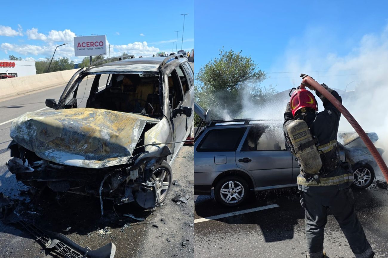 Choque en cadena e incendio en Córdoba: un vehículo fue consumido por el fuego y una mujer resultó herida