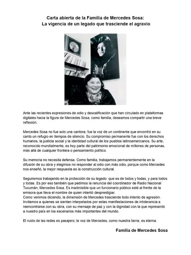Mercedes Sosa y organismos culturales exigen la renuncia de Enzo Ferreira, coordinador de Radio Nacional Tucumán, tras lanzar agravios contra la cantante en X (Web)