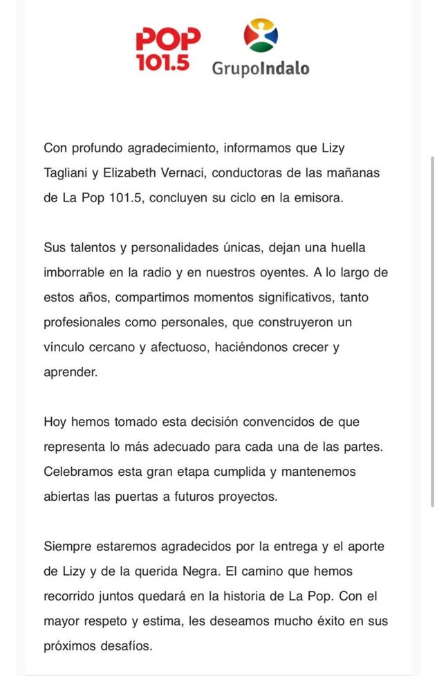 El comunicado de Pop Radio tras la desvinculación de Lizy Tagliani y La Negra Vernaci.