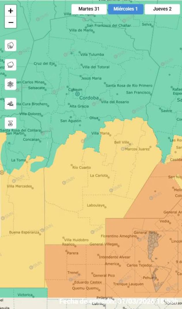 Clima. Alerta amarilla por tormentas para este miércoles 1° de abril. 