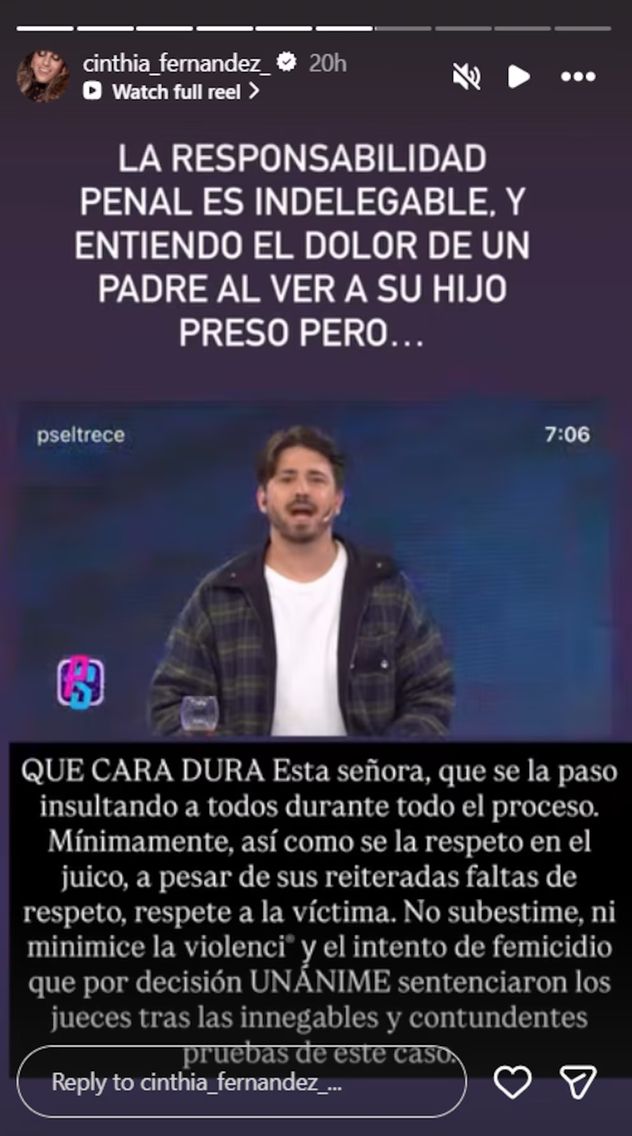 La respuesta de Cinthia Fernández a la madre de Santiago Martínez.