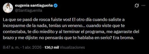 El tuit de Eugenia respondiendo a las acusaciones de Laura Ubfal