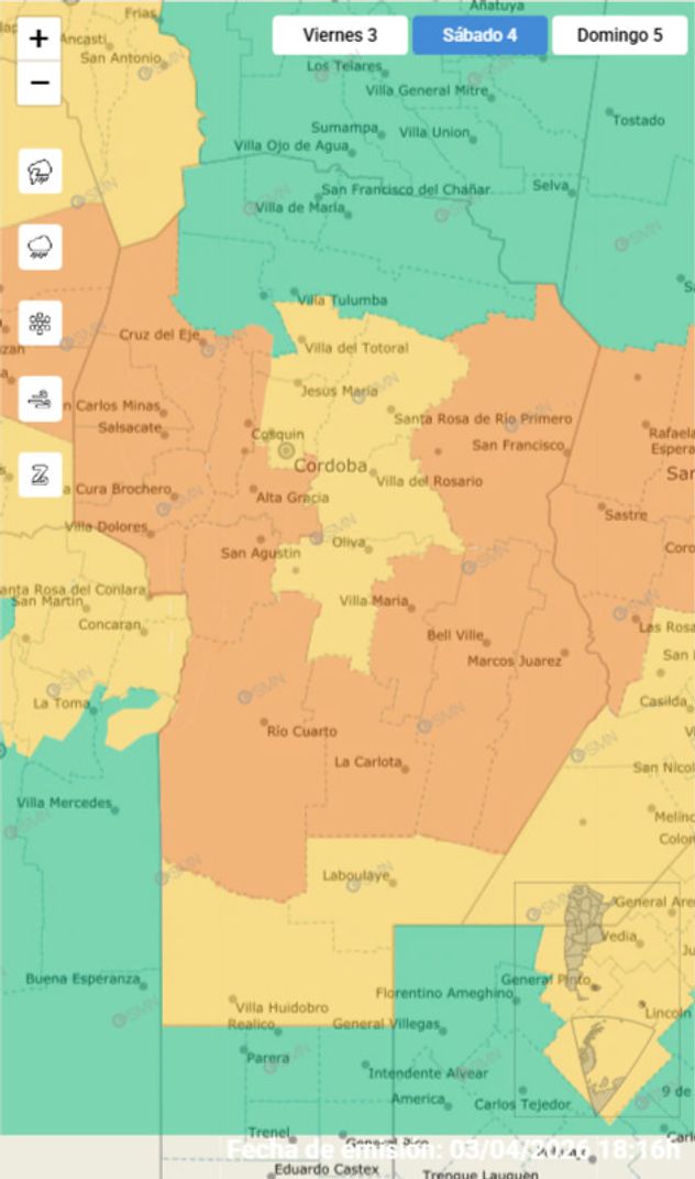 El mapa de alertas para este sábado 4 de abril en Córdoba.