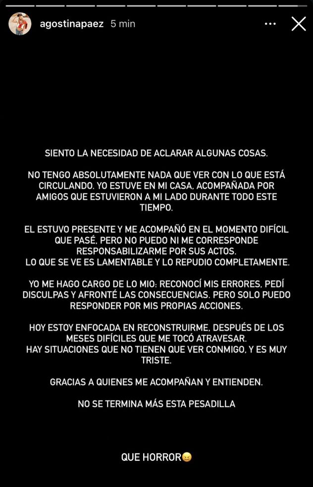 Descargo de Agostina Páez tras el presunto video de su padre haciendo gestos racistas