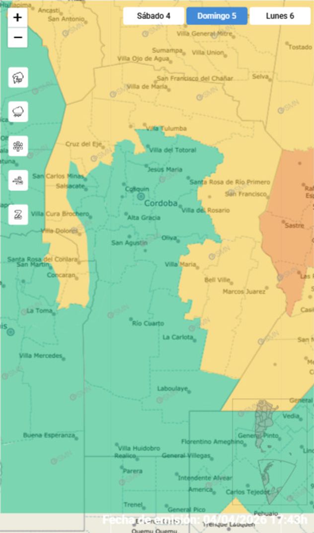 El mapa de alerta por tormenta en Córdoba para este domingo de Pascua.