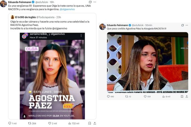 Los tuits de Feinmann en contra de las entrevistas que le realizaron a Agostina Paez en "A la Barbarossa" y en "Sería Increíble", el programa de Olga.
