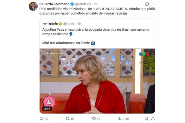 Los tuits de Feinmann en contra de las entrevistas que le realizaron a Agostina Paez en "A la Barbarossa" y en "Sería Increíble", el programa de Olga.