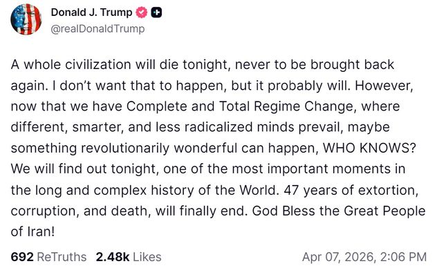 La publicación de Donald Trump sobre Irán.