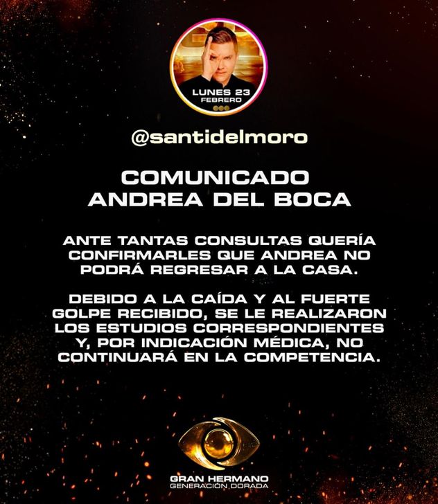 Comunicado oficial de Gran Hermano anunciando el abandono de Andrea del Boca.