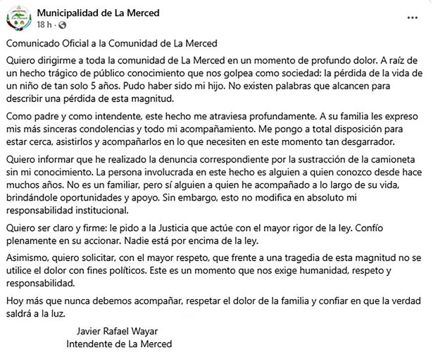 El comunicado del Intendente de La Merced (Salta), Javier Wayar, tras la muerte del niño atropellado por su chofer, sin licencia de conducir